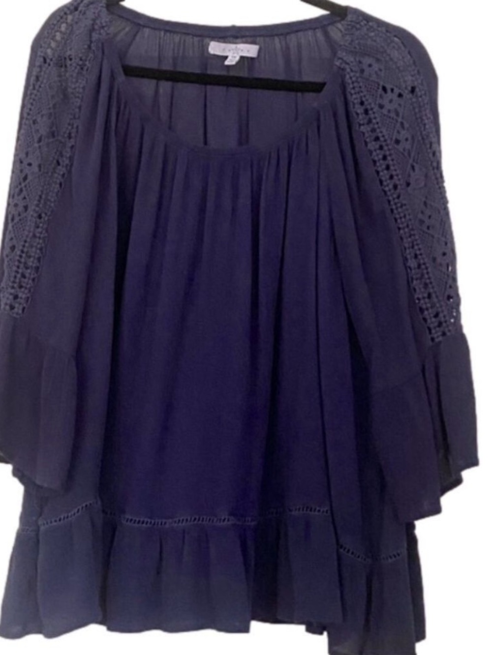 Bohemian Cotton Blouse Navy Blue Ruffle Hem Open Round Neck